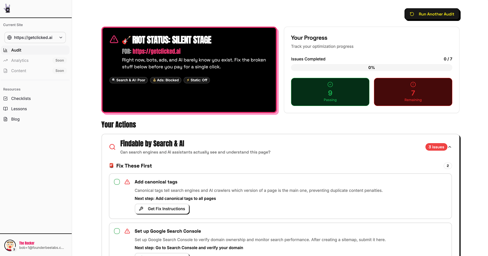 GetClicked SEO audit dashboard showing real-time metrics and actionable insights